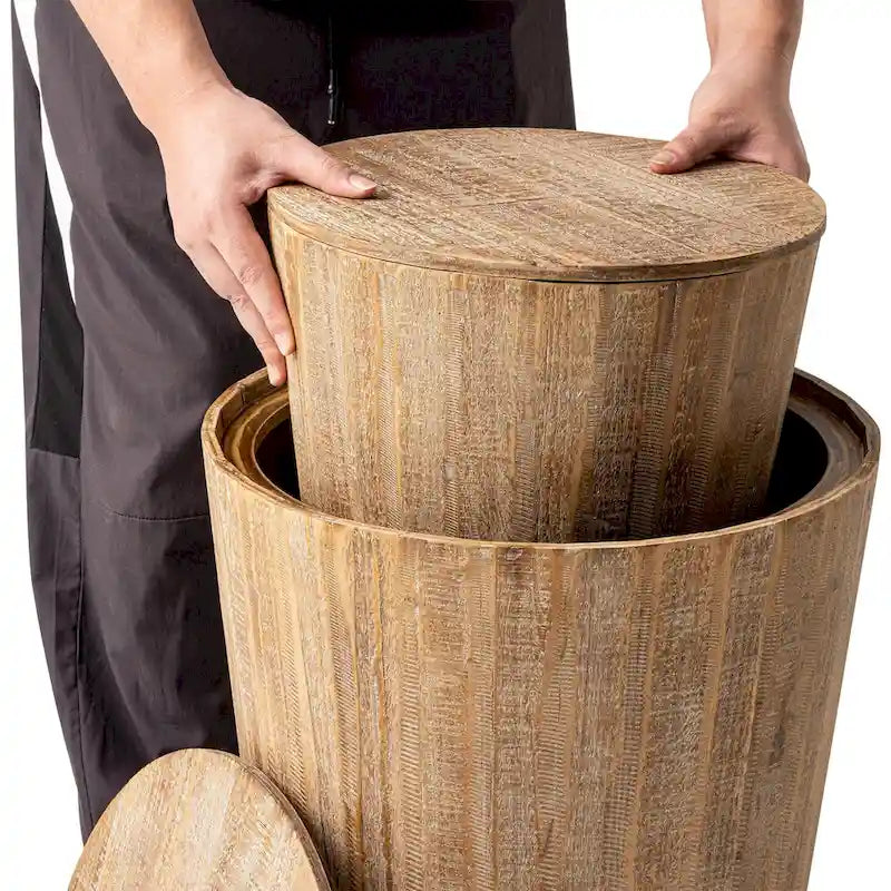 Tables d’appoint gigognes en forme de tonneau, style maison de campagne, avec couvercle amovible - finition naturelle vieillie (lot de 2)