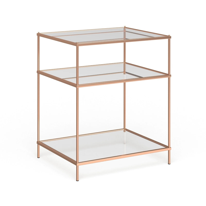 Table d’appoint en verre et miroir à trois niveaux avec cadre en métal cuivré