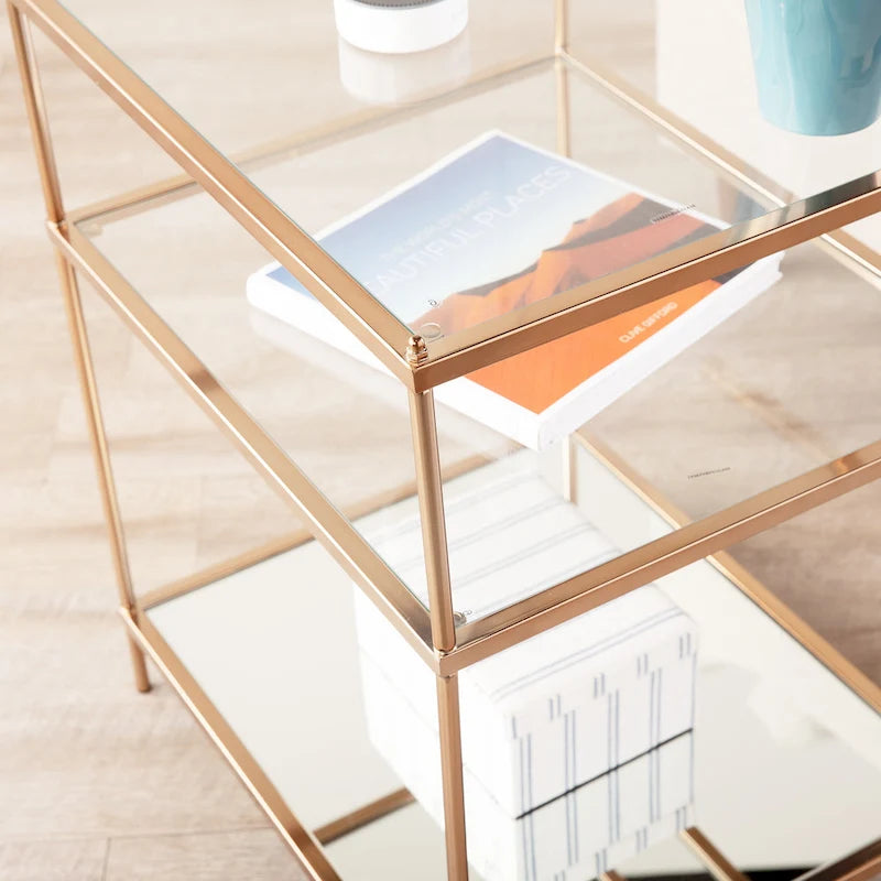 Three-Tier Glass and Mirror Side Table with Copper Metal Frame