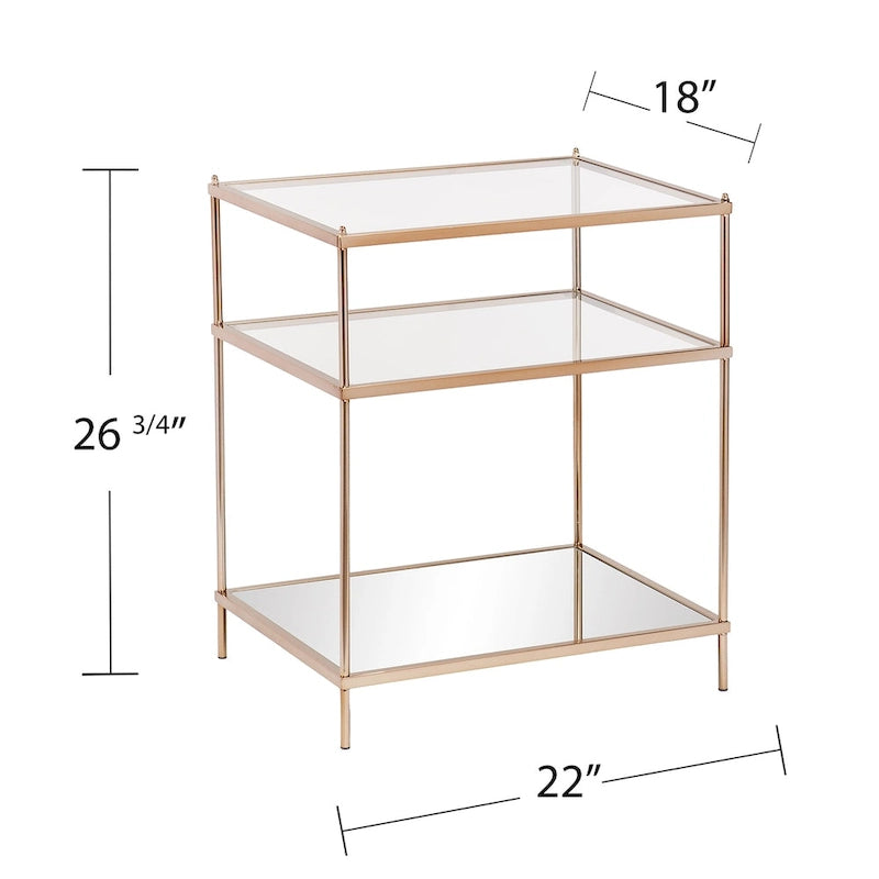 Table d’appoint en verre et miroir à trois niveaux avec cadre en métal cuivré