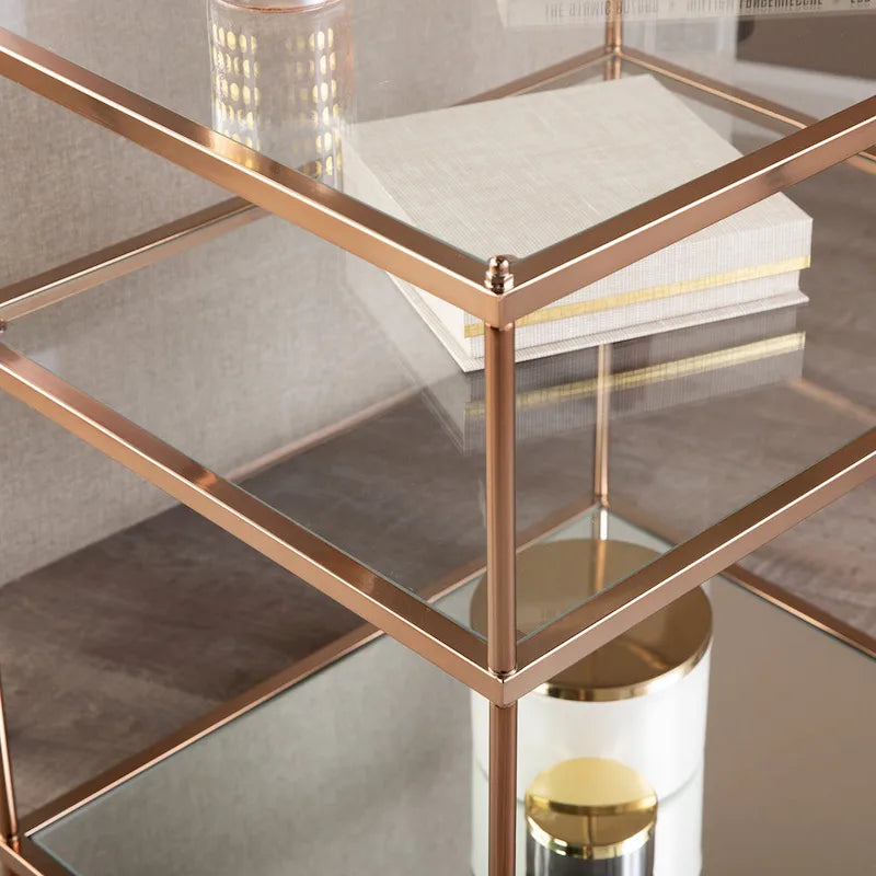 Table d’appoint en verre et miroir à trois niveaux avec cadre en métal cuivré
