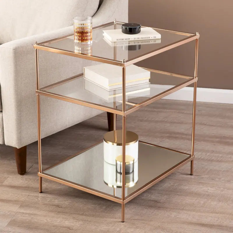 Table d’appoint en verre et miroir à trois niveaux avec cadre en métal cuivré