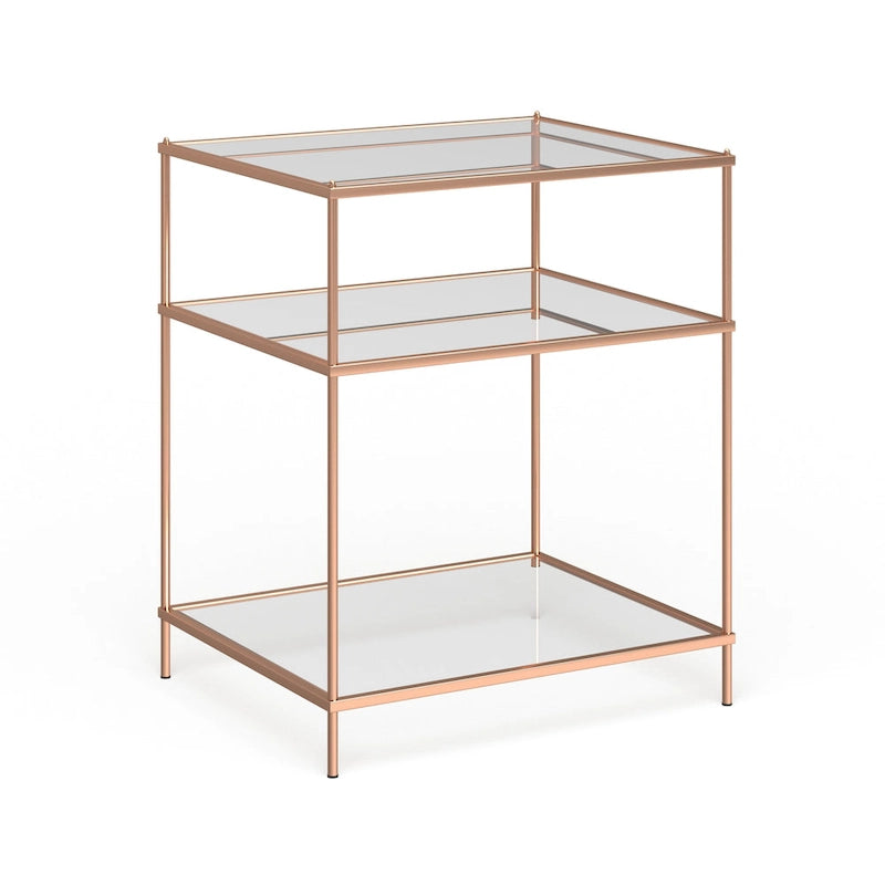 Table d’appoint en verre et miroir à trois niveaux avec cadre en métal cuivré