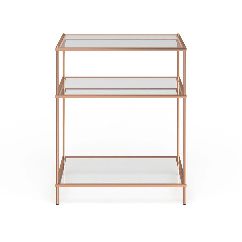 Table d’appoint en verre et miroir à trois niveaux avec cadre en métal cuivré
