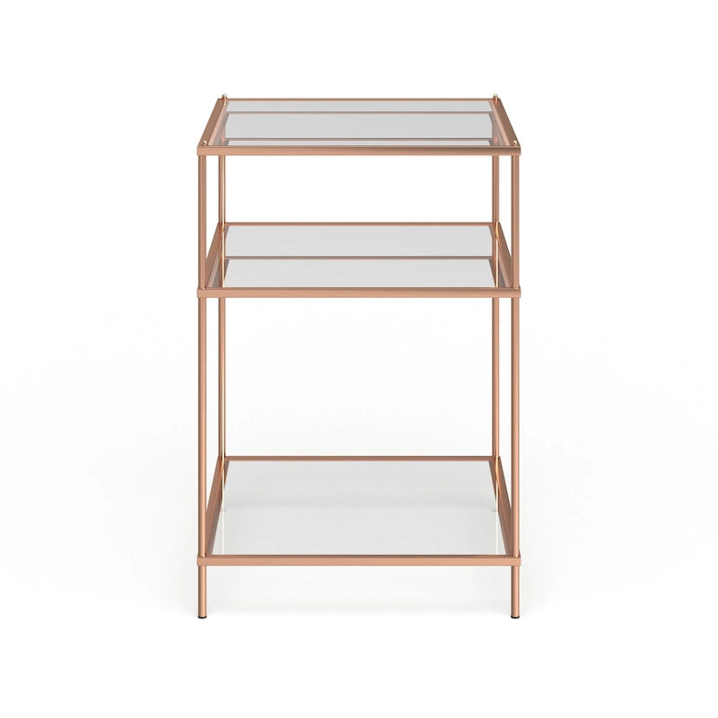 Table d’appoint en verre et miroir à trois niveaux avec cadre en métal cuivré