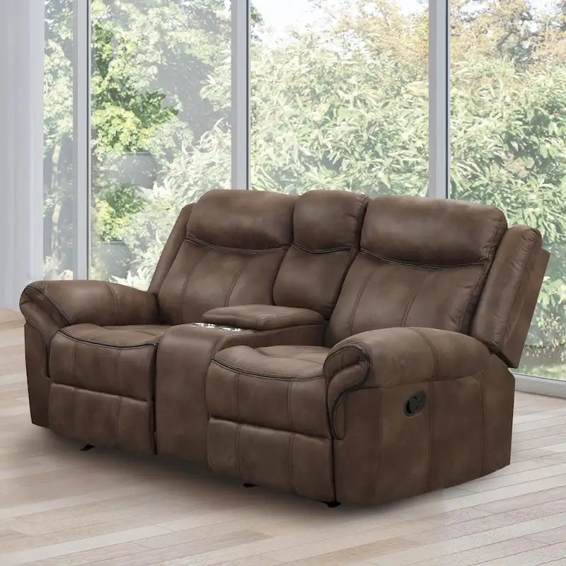 Brown Microsuede Manual Glider Reclining Loveseat with Center Storage Console