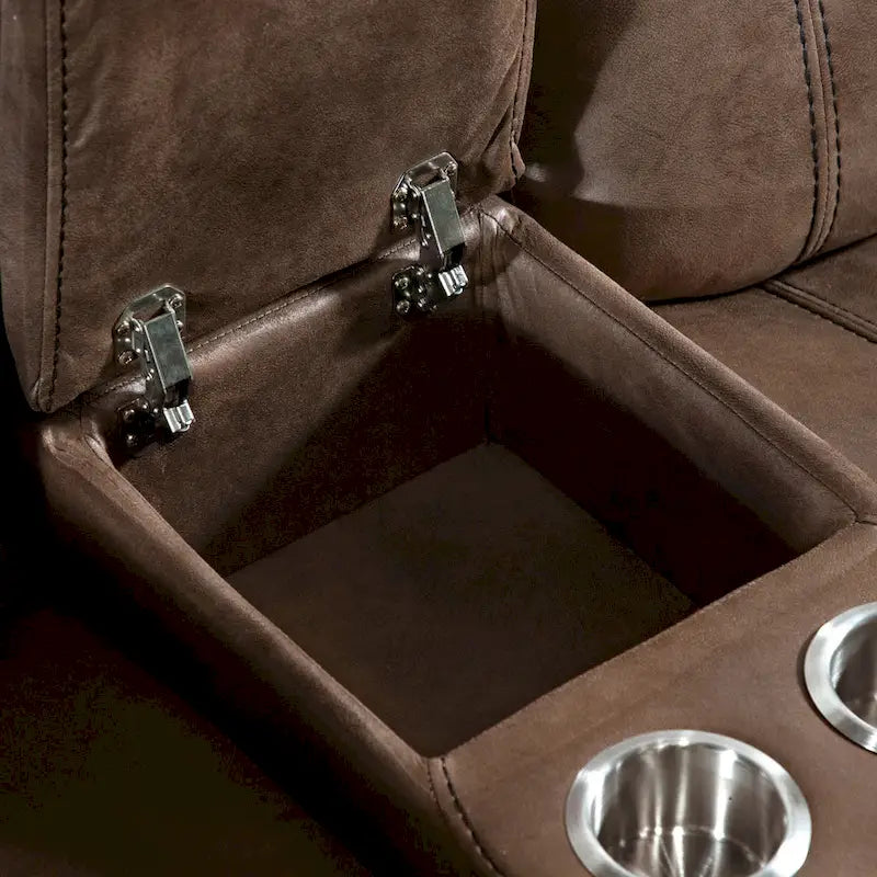 Brown Microsuede Manual Glider Reclining Loveseat with Center Storage Console