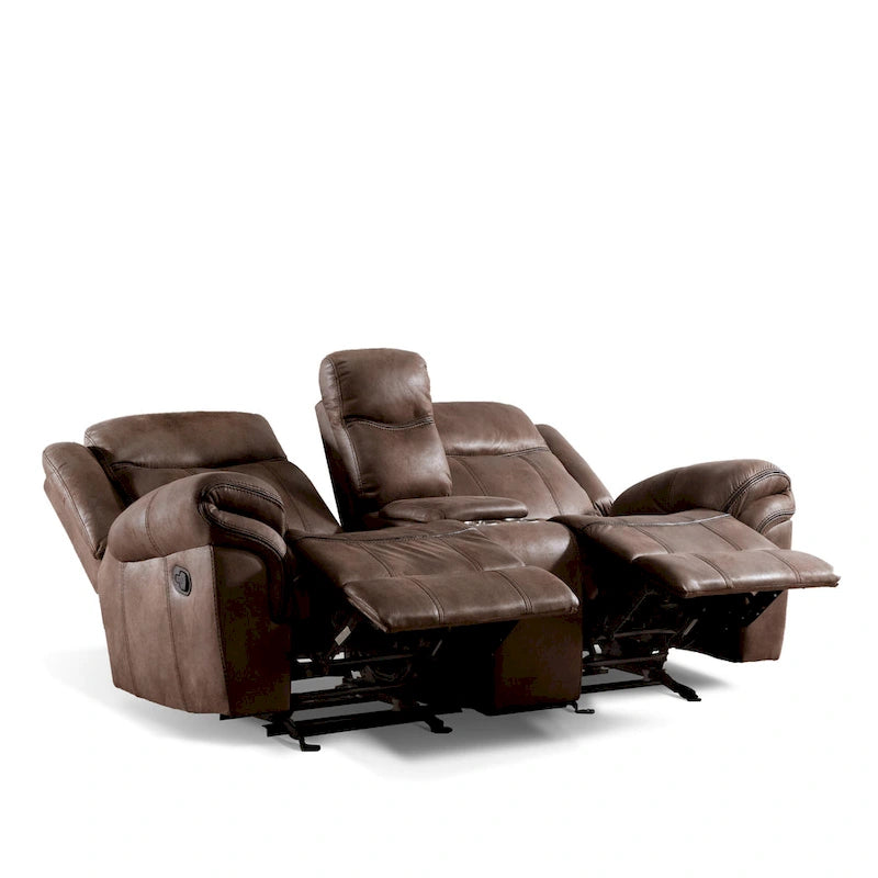 Brown Microsuede Manual Glider Reclining Loveseat with Center Storage Console