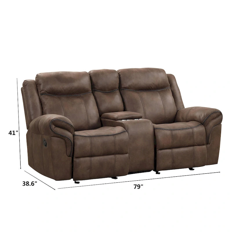 Brown Microsuede Manual Glider Reclining Loveseat with Center Storage Console