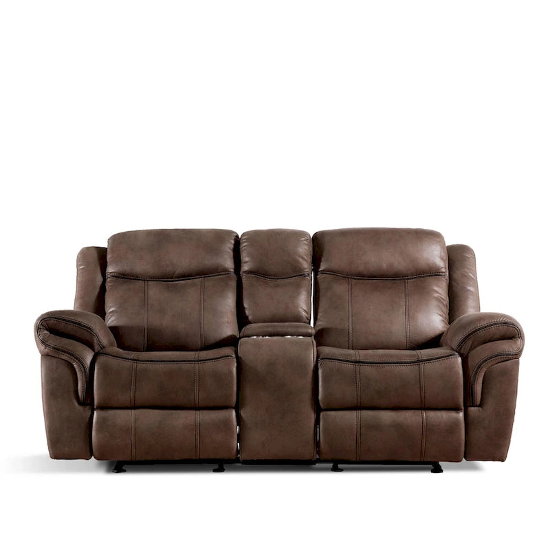 Brown Microsuede Manual Glider Reclining Loveseat with Center Storage Console