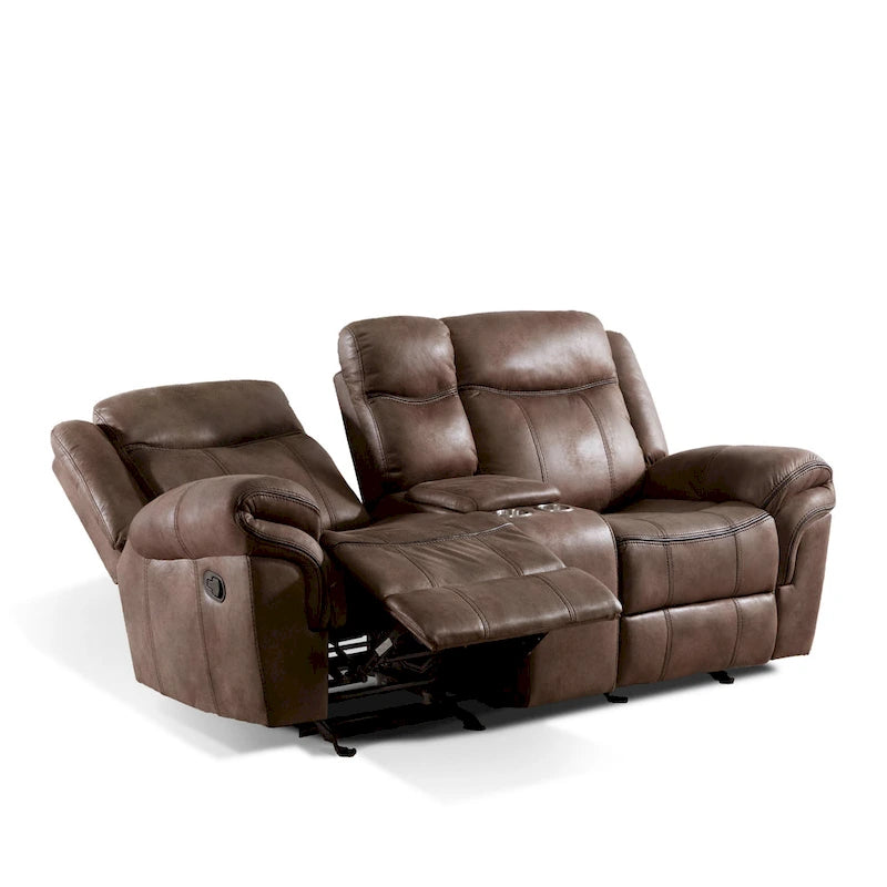 Brown Microsuede Manual Glider Reclining Loveseat with Center Storage Console