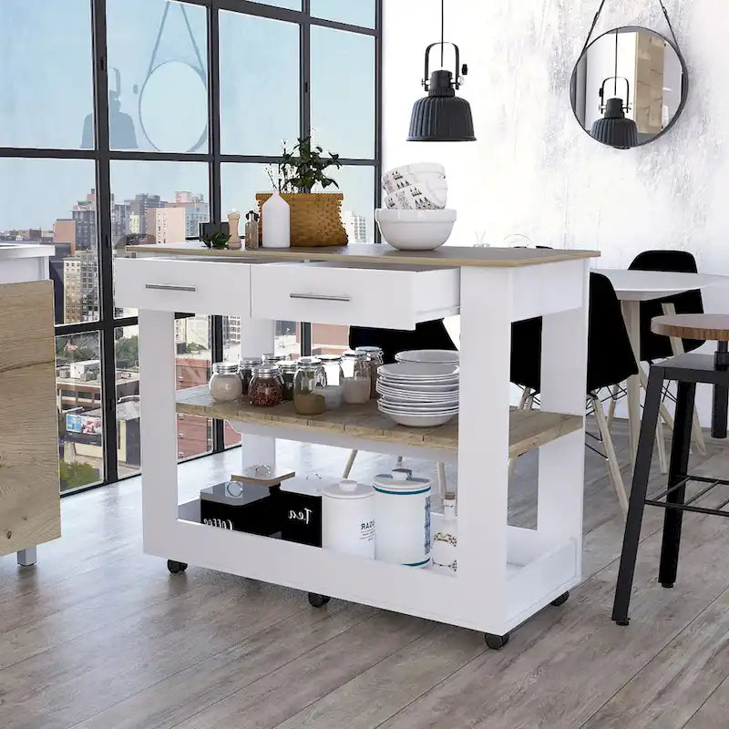 46-inch Rolling Kitchen Island Cart with Two Shelves and Four Drawers