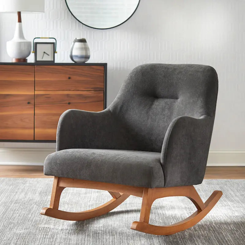 Schaukelstuhl aus Rubberwood im Mid-Century-Modern-Stil mit Leinenpolsterung