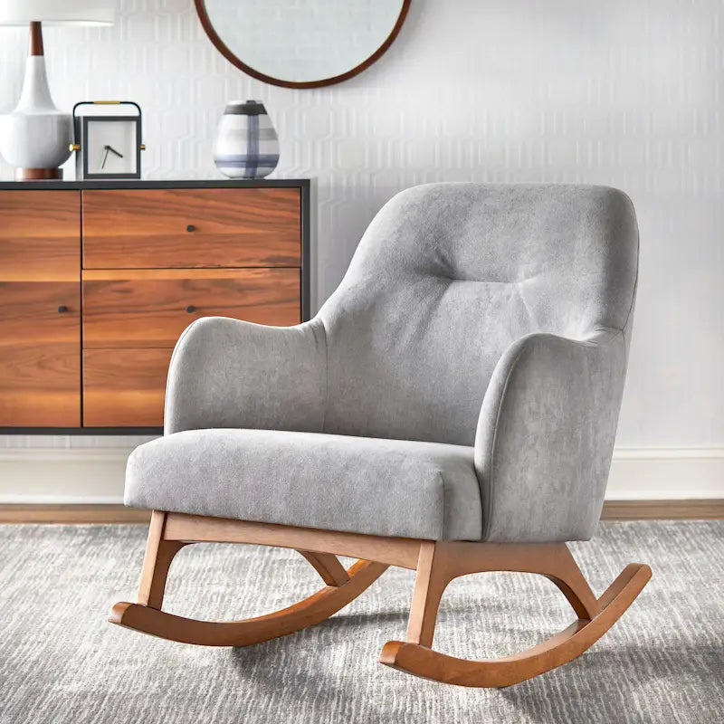 Mid-Century Modern Rubberwood Rocking Chair with Linen Upholstery