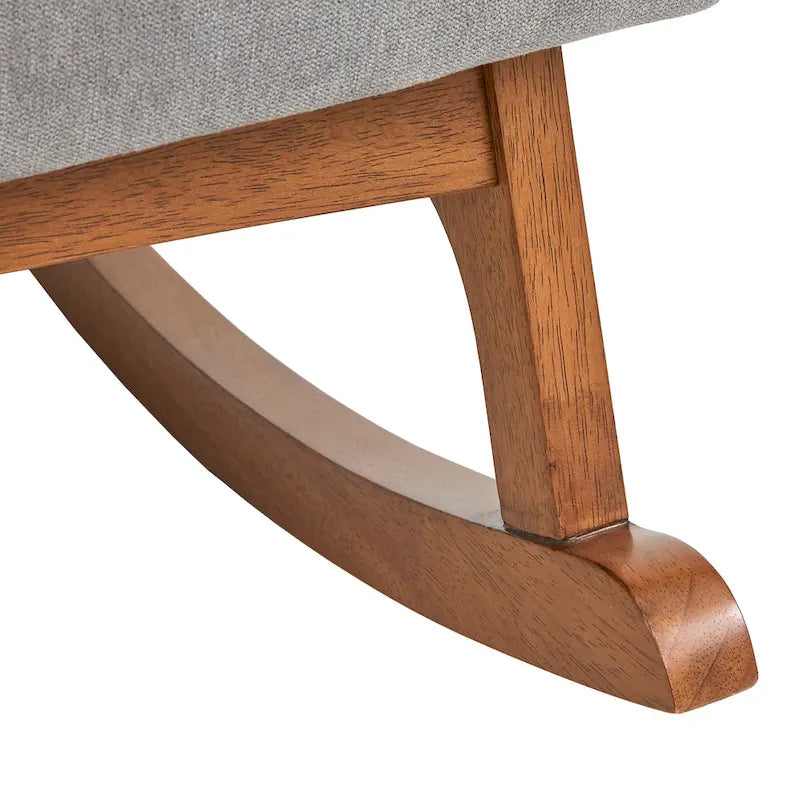 Schaukelstuhl aus Rubberwood im Mid-Century-Modern-Stil mit Leinenpolsterung