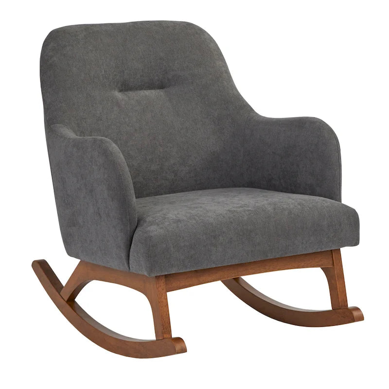 Schaukelstuhl aus Rubberwood im Mid-Century-Modern-Stil mit Leinenpolsterung