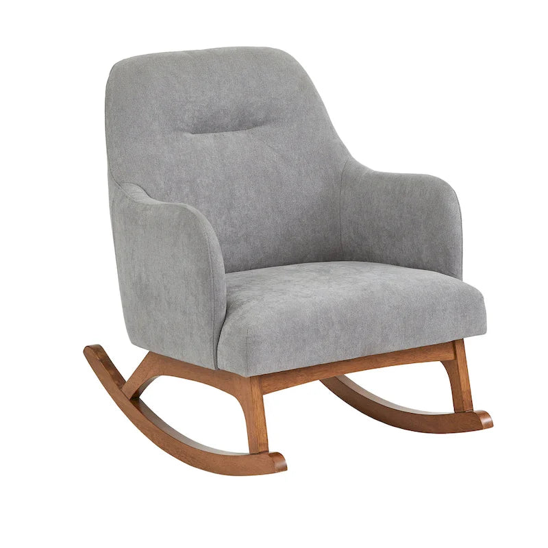 Schaukelstuhl aus Rubberwood im Mid-Century-Modern-Stil mit Leinenpolsterung