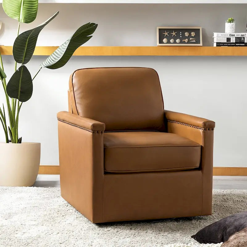 Classic Genuine Leather 360° Swivel Armchair with Nailhead Trim