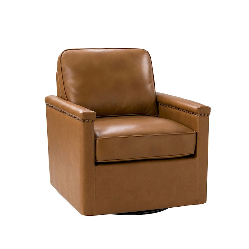 Classic Genuine Leather 360° Swivel Armchair with Nailhead Trim