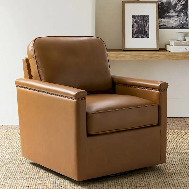 Classic Genuine Leather 360° Swivel Armchair with Nailhead Trim