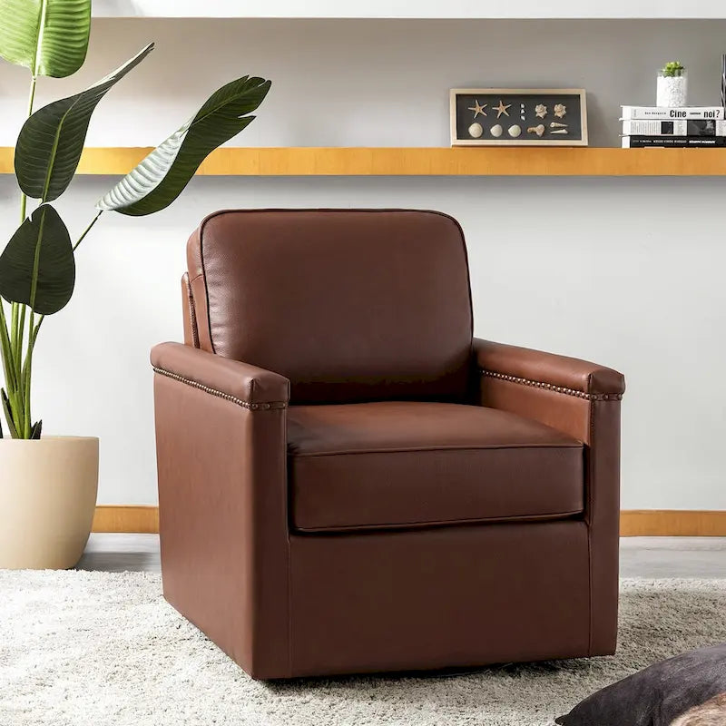 Classic Genuine Leather 360° Swivel Armchair with Nailhead Trim
