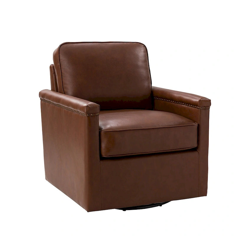 Classic Genuine Leather 360° Swivel Armchair with Nailhead Trim