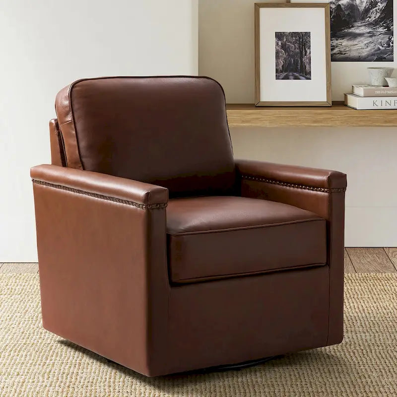Classic Genuine Leather 360° Swivel Armchair with Nailhead Trim