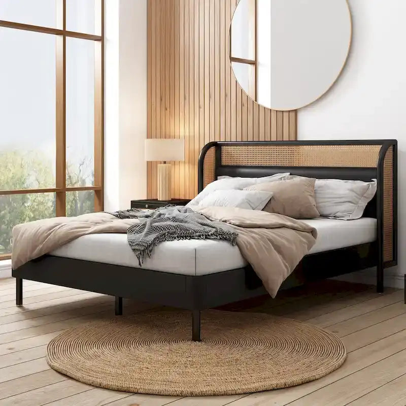 Rattan Wood Platform Queen Bed