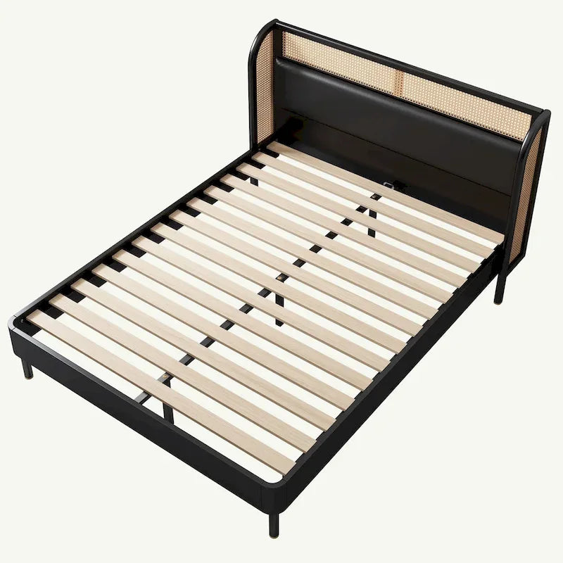 Rattan Wood Platform Queen Bed