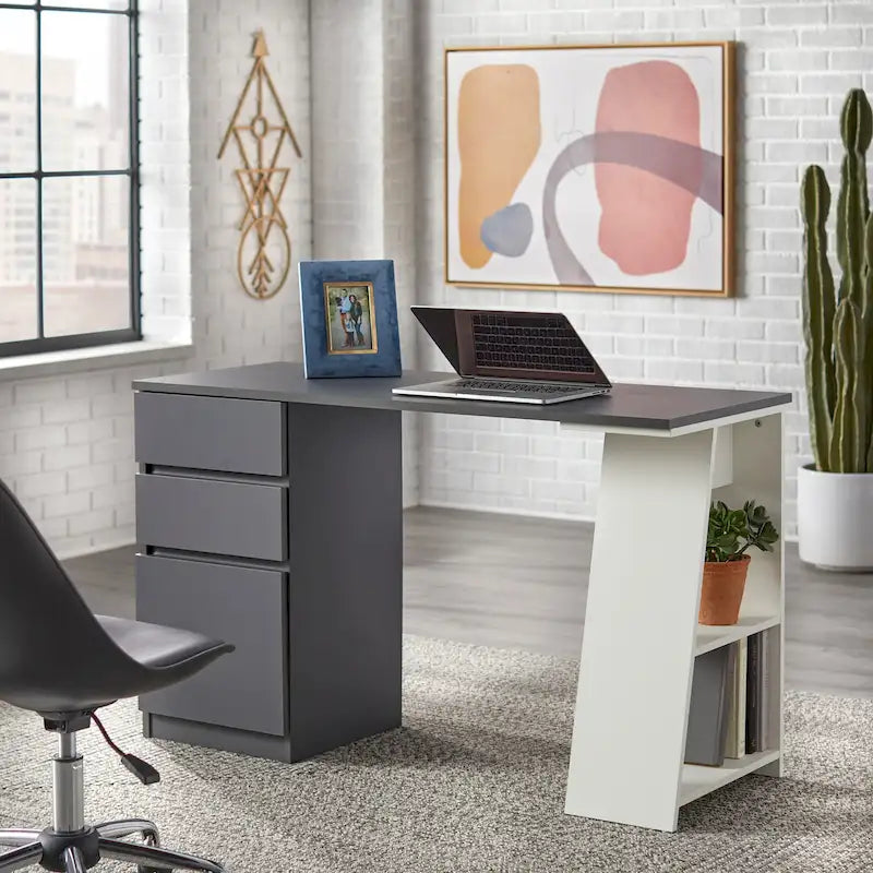 Asymmetrical Modern Writing Desk with File Drawer and Side Shelves