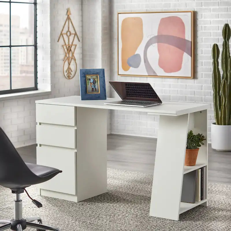 Asymmetrical Modern Writing Desk with File Drawer and Side Shelves
