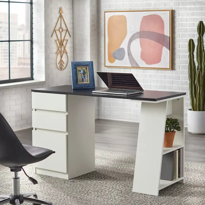 Asymmetrical Modern Writing Desk with File Drawer and Side Shelves