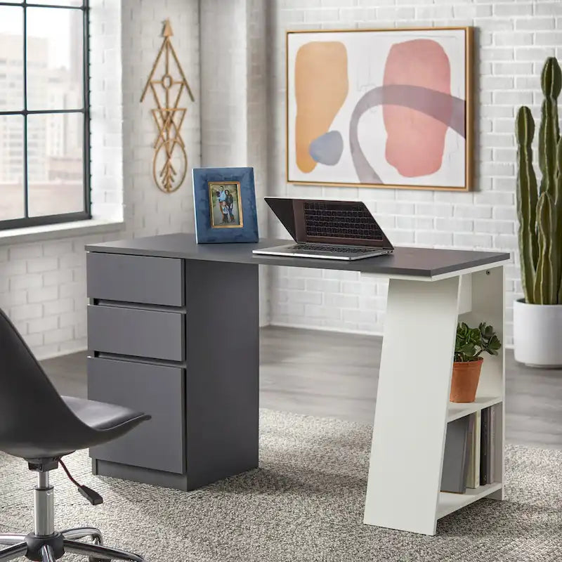 Moderner asymmetrischer Schreibtisch mit Aktenschublade und seitlichen Ablagen