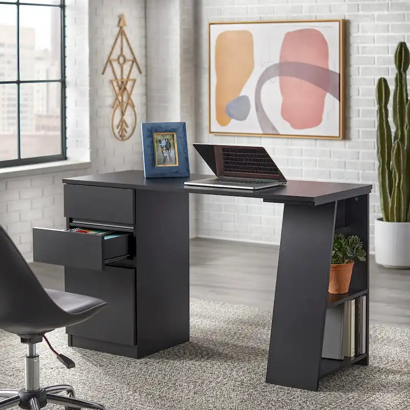 Asymmetrical Modern Writing Desk with File Drawer and Side Shelves