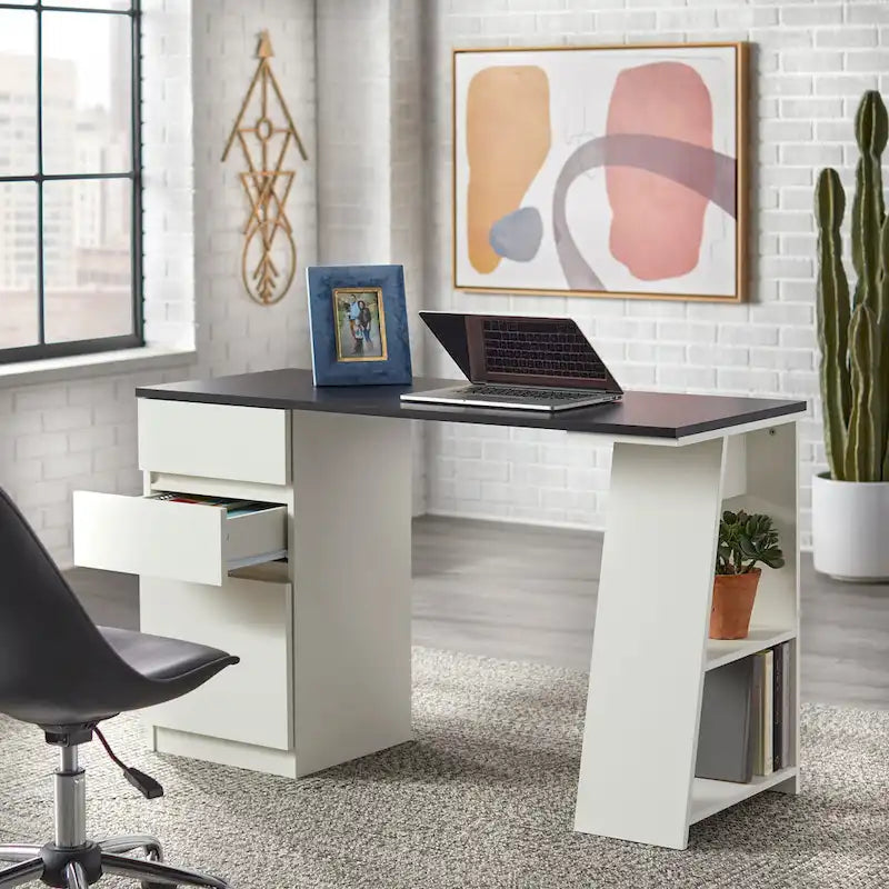 Moderner asymmetrischer Schreibtisch mit Aktenschublade und seitlichen Ablagen