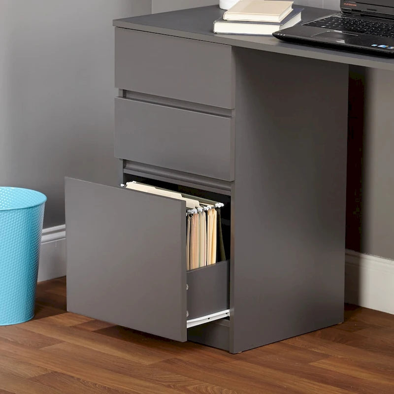 Moderner asymmetrischer Schreibtisch mit Aktenschublade und seitlichen Ablagen