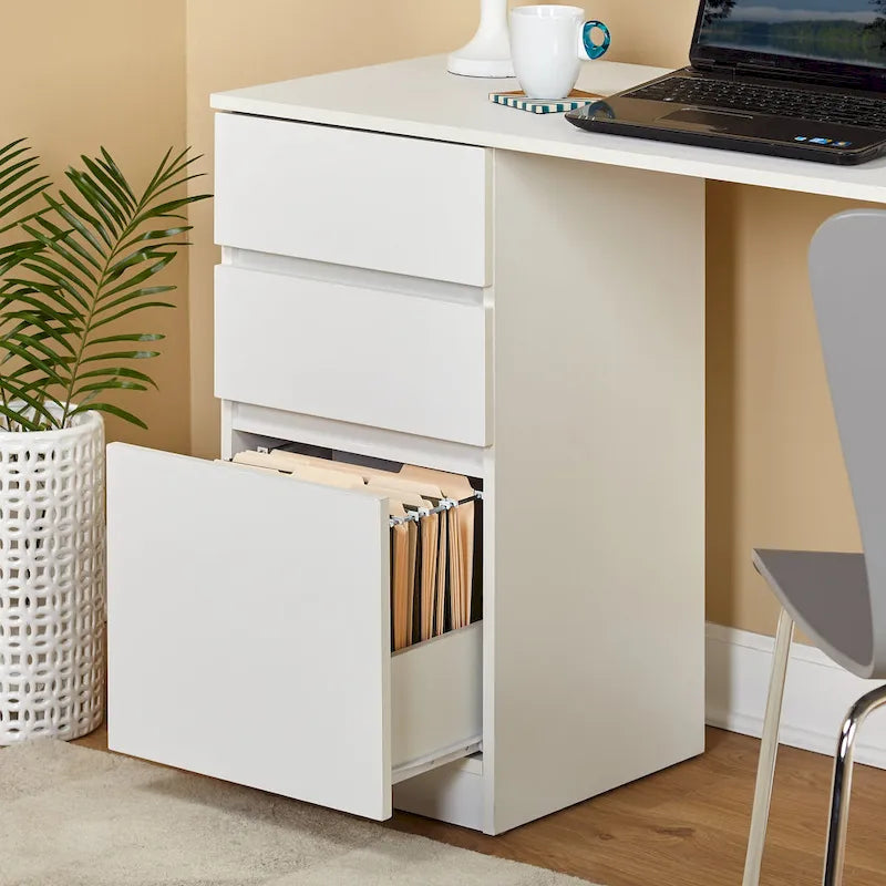 Moderner asymmetrischer Schreibtisch mit Aktenschublade und seitlichen Ablagen