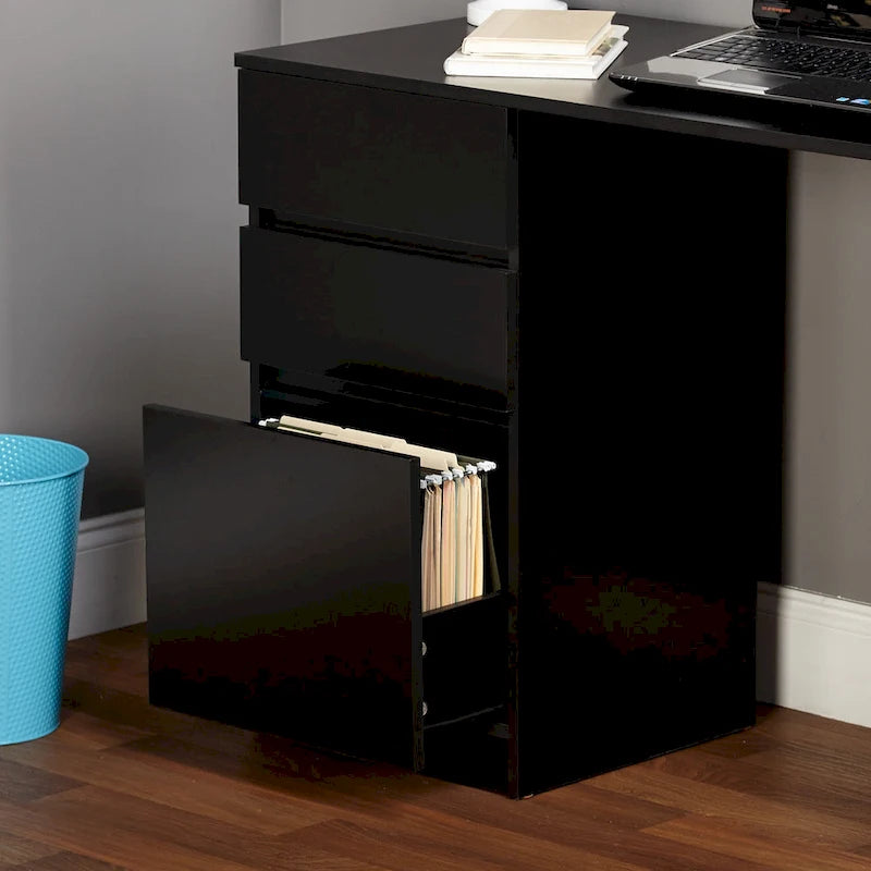 Moderner asymmetrischer Schreibtisch mit Aktenschublade und seitlichen Ablagen