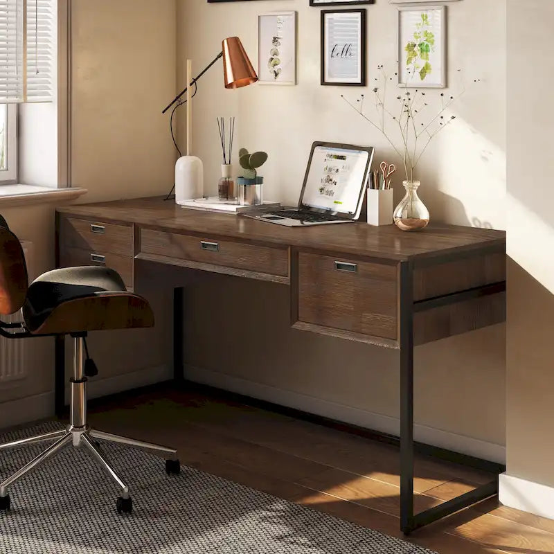 Solid Acacia Wood Modern Industrial 60-inch Wide Desk - Rustic Natural Brown