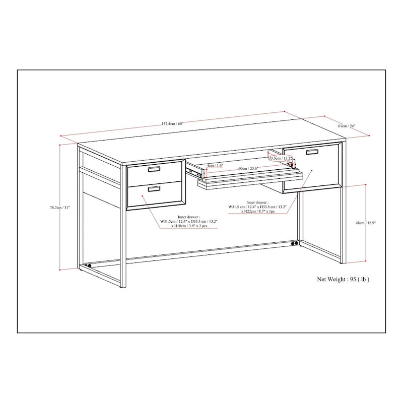 Modern industrieel bureau van massief acaciahout van 60 inch breed - rustiek naturelbruin
