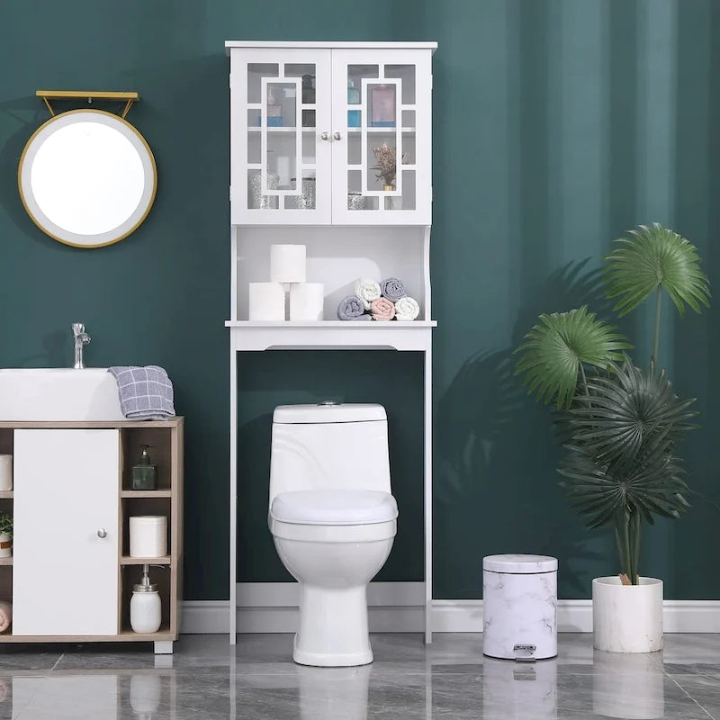 Over-the-Toilet Wooden Storage Cabinet with 2 Glass Doors and Adjustable Shelf