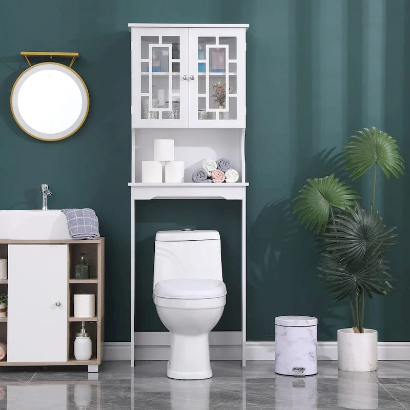 EROMMY Over-The-Toilet Storage, Wooden Bathroom Organizer, with 2 Glass Doors & Adjustable Shelf for Bathroom