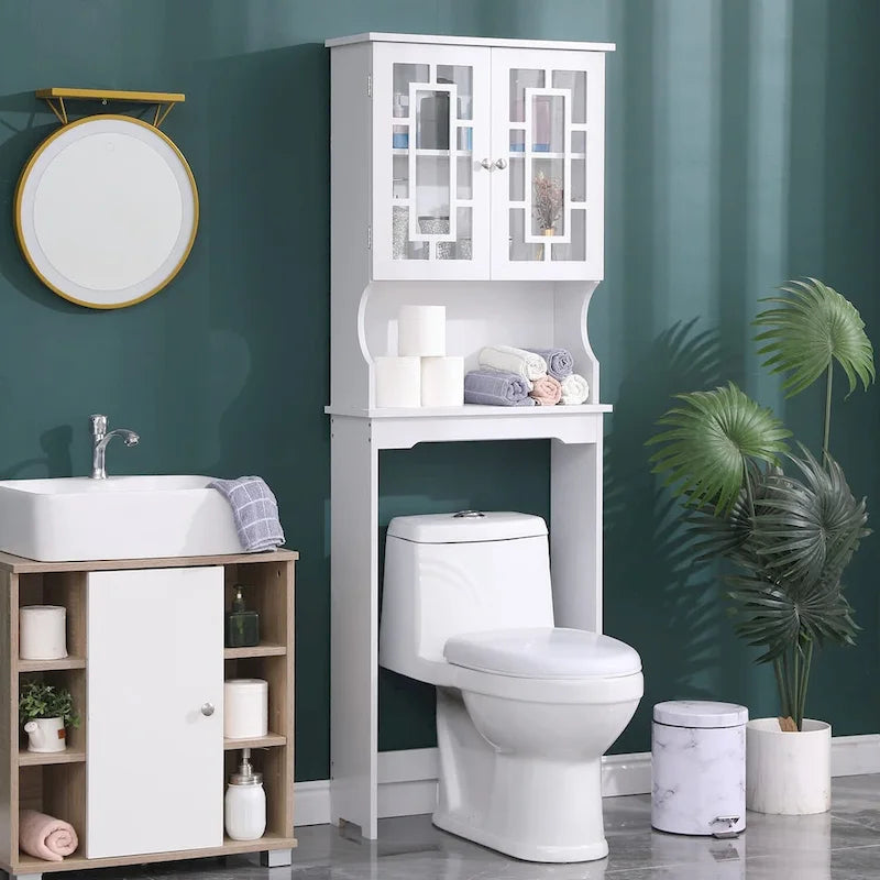 Over-the-Toilet Wooden Storage Cabinet with 2 Glass Doors and Adjustable Shelf