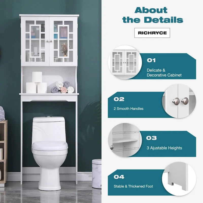 Over-the-Toilet Wooden Storage Cabinet with 2 Glass Doors and Adjustable Shelf