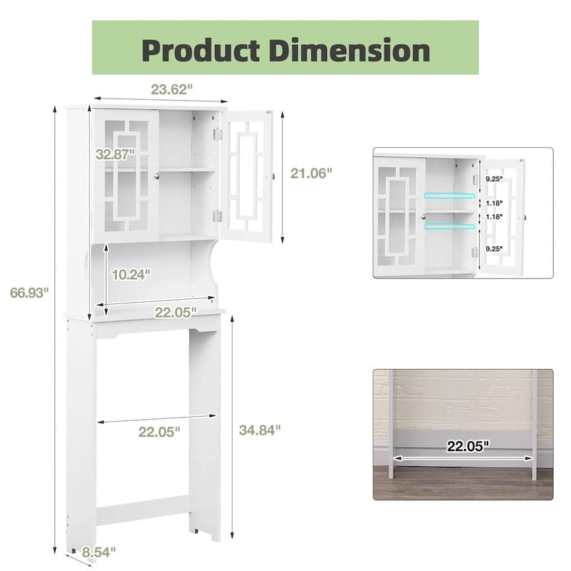 Over-the-Toilet Wooden Storage Cabinet with 2 Glass Doors and Adjustable Shelf