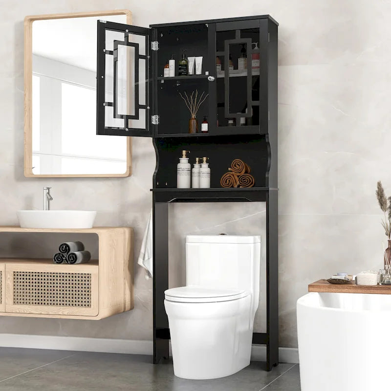 Over-the-Toilet Wooden Storage Cabinet with 2 Glass Doors and Adjustable Shelf