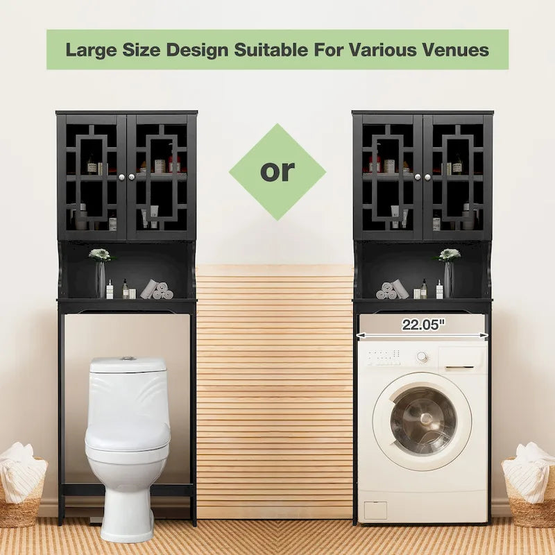 Over-the-Toilet Wooden Storage Cabinet with 2 Glass Doors and Adjustable Shelf