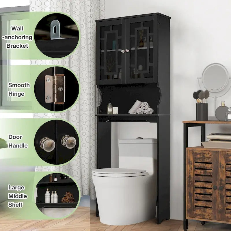 Over-the-Toilet Wooden Storage Cabinet with 2 Glass Doors and Adjustable Shelf