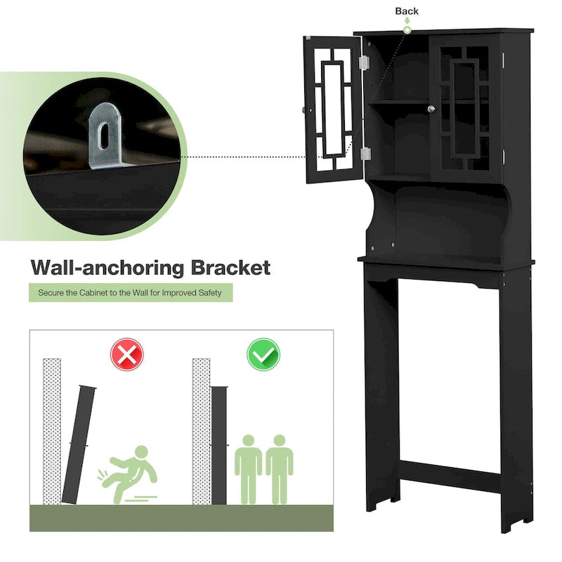 Over-the-Toilet Wooden Storage Cabinet with 2 Glass Doors and Adjustable Shelf