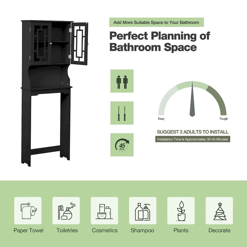 Over-the-Toilet Wooden Storage Cabinet with 2 Glass Doors and Adjustable Shelf